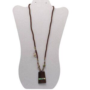 Genuine Ebony Beaded Necklace Pendant Made In Japan 24 In Brown Abalone Inlay